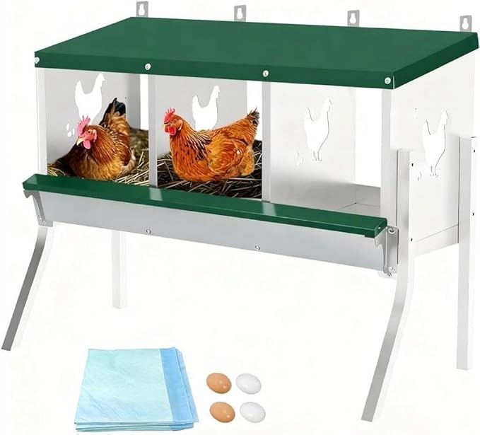 Nesting Boxes for Chickens, 3 Compartments, Nesting Boxes with 4 Dummy Eggs and 10 Dampproof Pets Mats, Green, Stainless Steel, Wall-Mountable & Roll Away Design with Stand