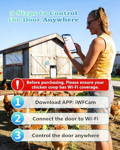 Automatic Chicken Coop Door with HD Camera, Solar Powered, 5000mAh Battery, WiFi App Remote Control & Timer, Night Vision, Anti-Pinch Sensor, Motion Alarm for Poultry Coop (Black)