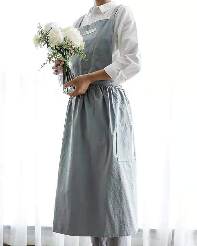 Cotton and linen Kitchen Cooking Aprons Dress for Women with Pockets Cute for Baking Painting Gardening Cleaning
