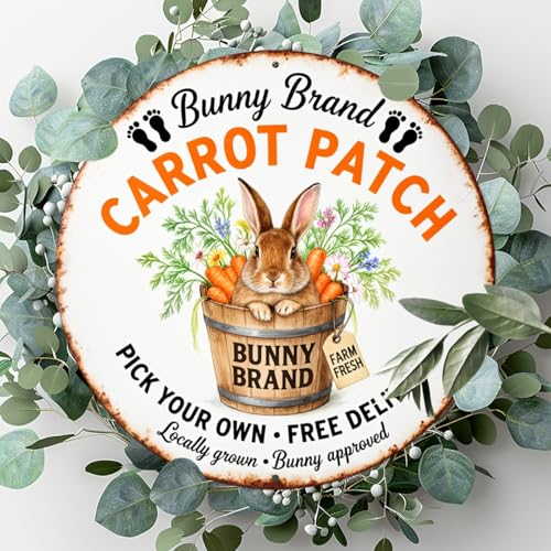 Bunny Brand Carrot Patch Round Aluminum Metal Sign Retro Rabbit in Barrel Farm Fresh Bunny - 8x8 Inch - Image 4
