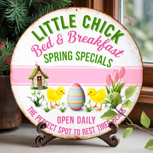 Little Chick Bed & Breakfast Round Aluminum Metal Sign Retro Spring Specials Easter Eggs - 8x8 Inch - Image 3