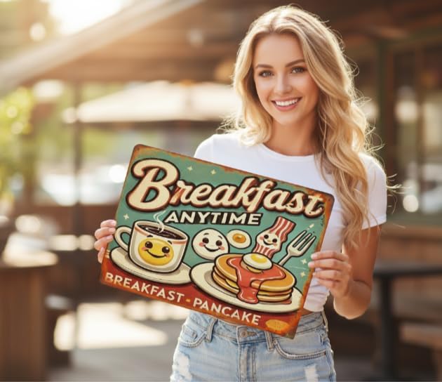 Vintage-Style 8x12" Breakfast Coffee Diner Tin Sign - Durable Iron Metal Wall Art with Easy Hanging, Unique Design for Kitchen, Restaurant, Bar Decor - Perfect Home or Office Gift Idea