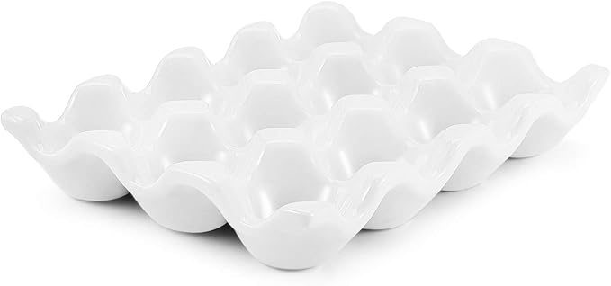 Flexzion Egg Ceramic & Porcelain Egg Holder, 12-Piece Non-Slip Tray Storage Box, White