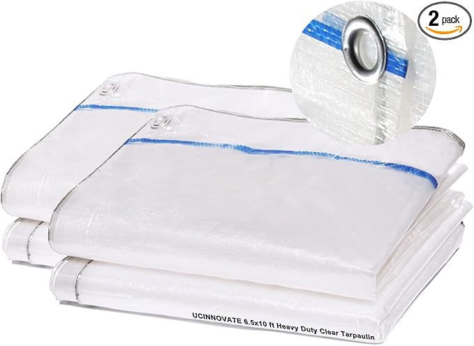 UCINNOVATE 12Mil Clear Tarp 6x10FT 2-Pack - Heavy Duty Waterproof Reinforced 12x12 Weave, Tear Resistant Poly Tarps with Grommets for Greenhouse, Garden, Chicken Coop, Outdoor