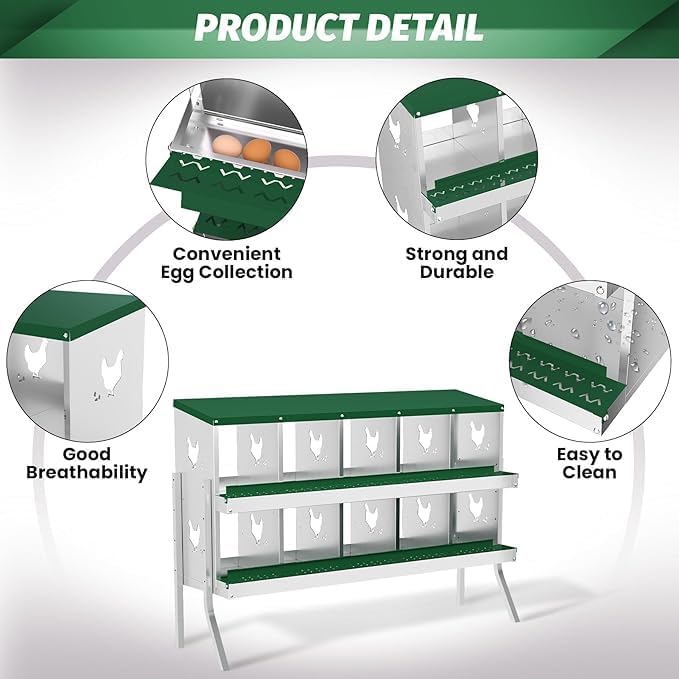 Chicken Nest Box, 10-Compartment Egg-Laying Box, Metal Hen House, Convenient for Collecting Eggs - Ventilated Poultry House Equipment - Suitable for Hens, Ducks Green,with Stand