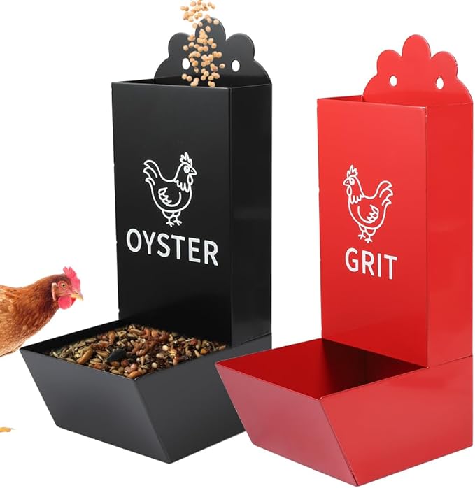 2 Pack Metal Chicken Feeder, Oyster Shell and Grit Feeder Hanging/Ground Chicken Coop Feeder with Durable Iron Construction for Hens & Chicks (Black & Red)