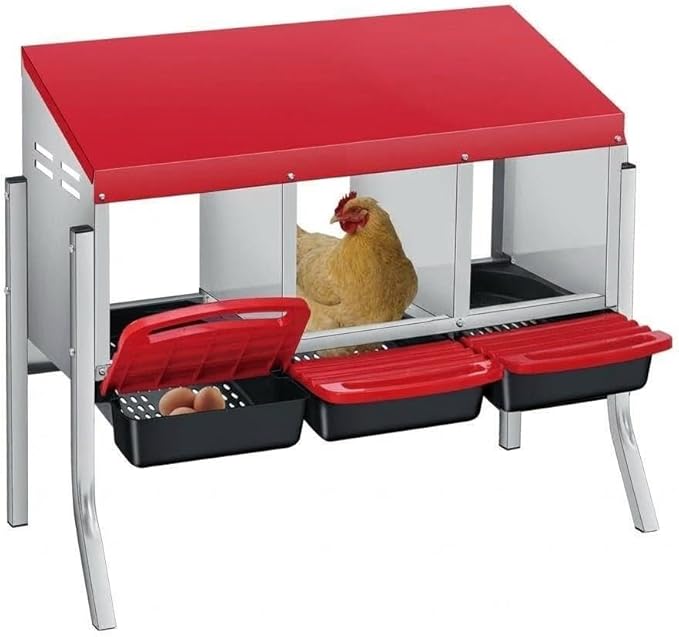 Chicken Nesting Box,Chicken Laying Boxes with 3 Compartment Metal Stainless Steel,Chickens Egg Laying Nest Boxes with Rollout Egg Collection,Chicken Brooder Box with Perch, Red