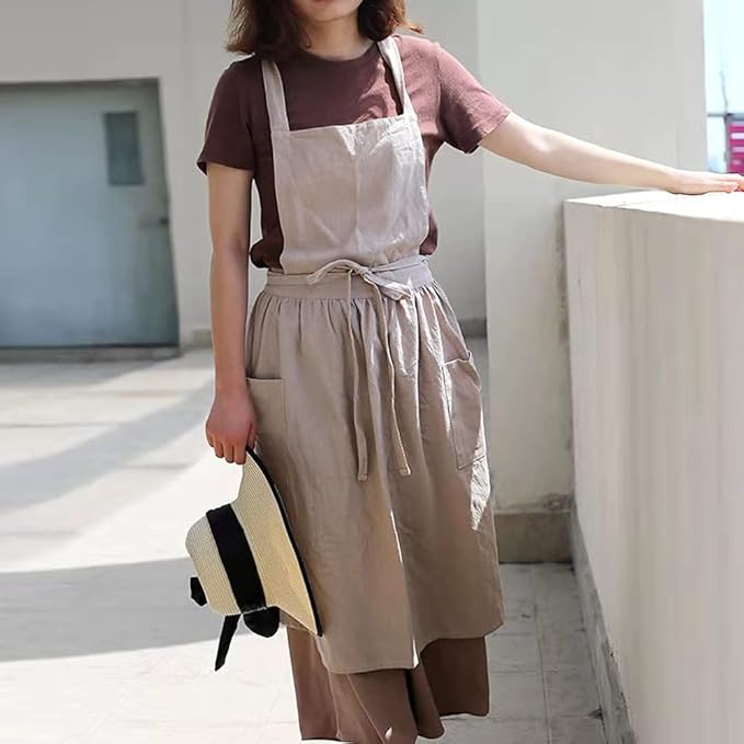 Cotton and linen Kitchen Cooking Aprons Dress for Women with Pockets Cute for Baking Painting Gardening Cleaning