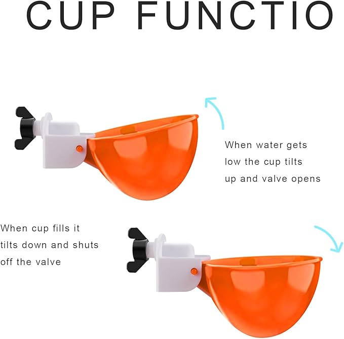 Chicken Waterer Cups, 8 Packs Orange Large Chicken Watering Cups, Automatic Chicken Water Cups, Tee Fittings Poultry Feeder Cups Suitable for Chicken, Duck, Goose, Turkey with Mounting Hole Opener