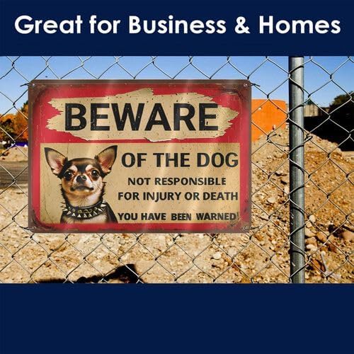 Vintage Metal Tin Sign - Beware of Dog Chihuahua with Spiked Collar Humorous Warning Sign, Rustic 8x12 Inch Outdoor Yard Decor for Fence, Farm, Garden, Kitchen - Funny Pet Owner Gift for Men & Women