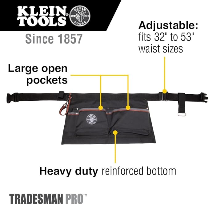 Klein Tools 5244 Tool Apron, Tape Thong and Four Reinforced Pockets for Hand Tools, Waist Size 32 to 53-Inch