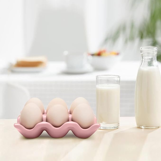 Flexzion Porcelain Egg Crate - 6-Egg Capacity Ceramic Egg Tray, Half Dozen Egg Holder for Fridge, Countertop Display - Pink Decorative Serving Dish and Storage Organizer, 2 Pack