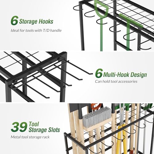 Garden Tool Organizer Rack with Wheels Up to 39 Tools - Black, Alloy Steel, Broom Holder & Garden Tool Rack for Shed - Image 3