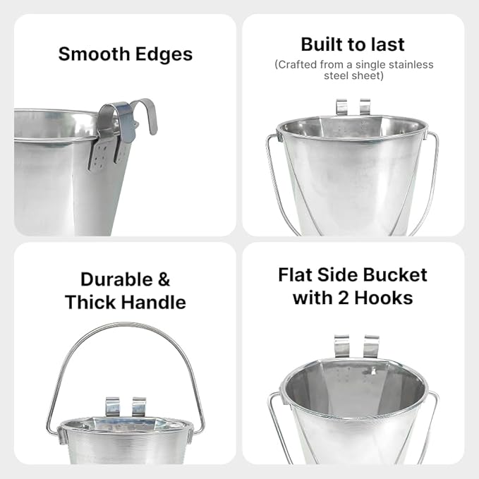 1.5 Gallon Stainless Steel Bucket - Heavy Duty Flat-Side Metal Bucket for Pets & Livestock Feeding - Rust Resistant Water Bucket with Hooks for Kennels, Cages, Crates & Fences - 6 Quart