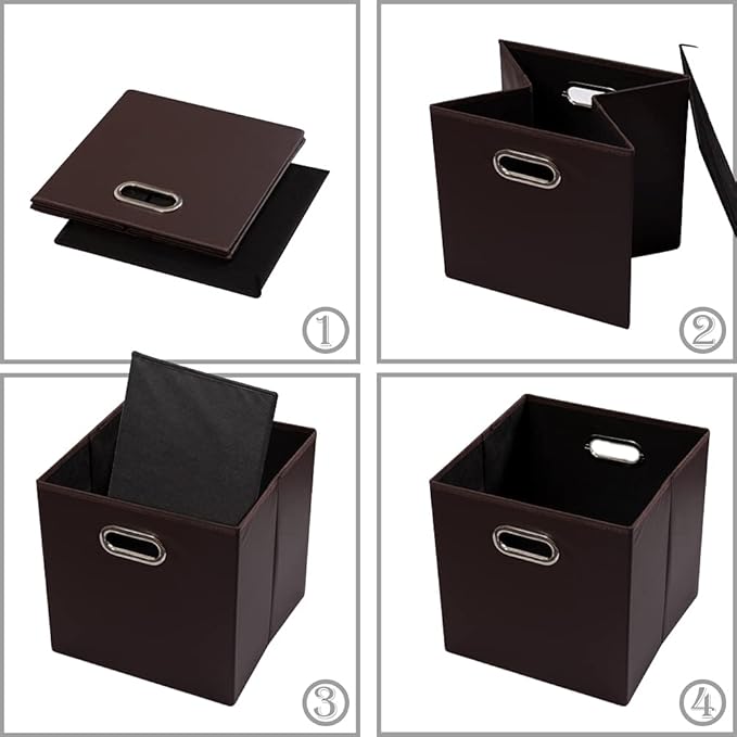 PRANDOM Leather Foldable Cube Storage Bins 11x11 inch [4-Pack] Fabric Storage Baskets Cubes Drawer with Cotton Handles Organizer for Shelves Nursery Closet Bedroom Clothes Brown
