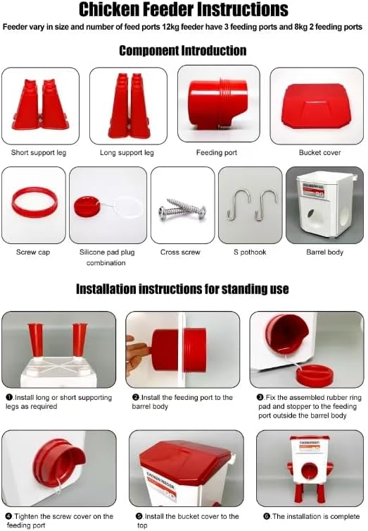 Automatic Chicken Feeder and Waterer Set(4 Buckets/2-3 gallons), 18 Pounds No Waste, Rain Proof Poultry Feeder, Avoid Small Animals, Suitable for Chicken, Duck, Turkey(Red Color)
