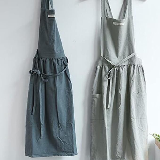 Cotton and linen Kitchen Cooking Aprons Dress for Women with Pockets Cute for Baking Painting Gardening Cleaning
