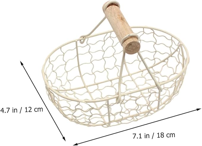 Luxshiny 2pcs White Iron Wire Mesh Basket with Wooden Handle, Farmhouse Style Fruit and Egg Storage Organizer for Kitchen Counter and Tabletop