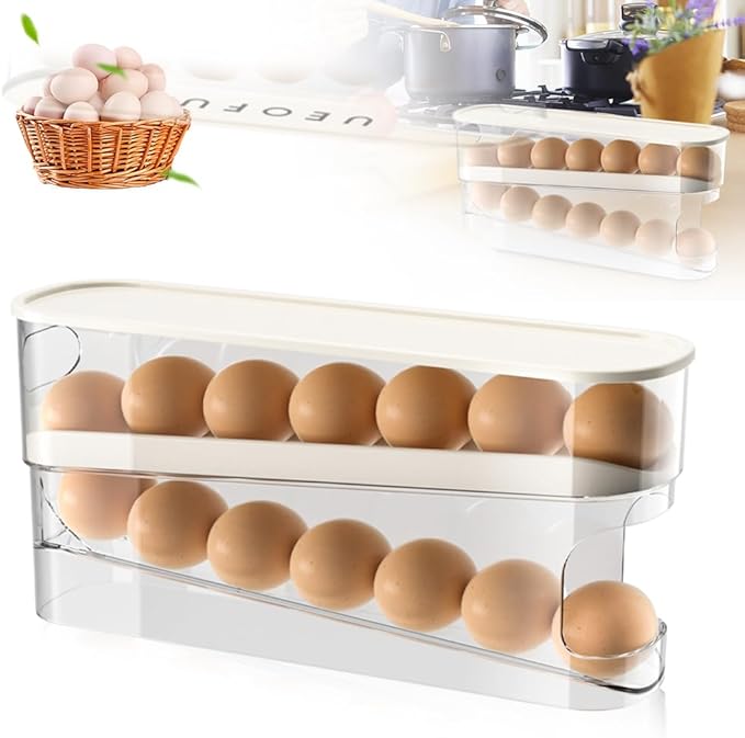 2026 New Egg Holder for Fridge, Egg Organizer for Refrigerator Automatic Scrolling Eggs Rack Holder Rolling Dispenser Stackable Container and Storage for Refrigerator with Lid