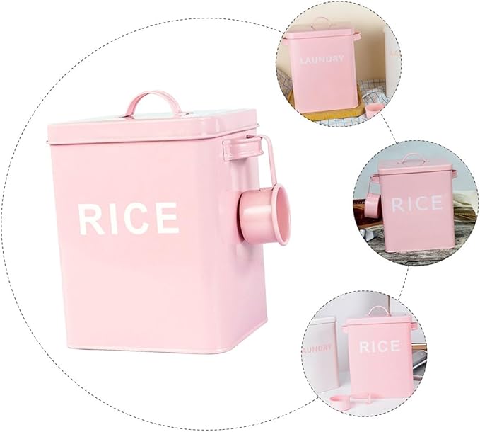 Mobestech Pet Food Storage Bucket with Airtight Seal and Measuring Cup, Metal Grain Storage Bin for Dog and Cat Food, Moisture-proof Rice Container Suitable for Household Use, Pink