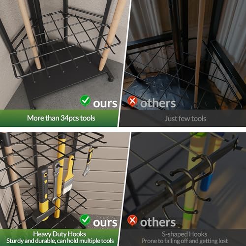 Garden Tool Organizer for Corner, Heavy Duty Metal Rack with 34 Storage Compartments & 14 - Black, Alloy Steel, Long-Handled Tools - Image 5