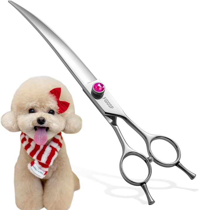Curved Dog Grooming Scissors 7.5 inch Professional Curved Shears Dog Grooming for Poodle Large Dogs Pet 30 Degree Japanese 440C Right Handed Super Sharp Purple Diamond(7.5,Curved)