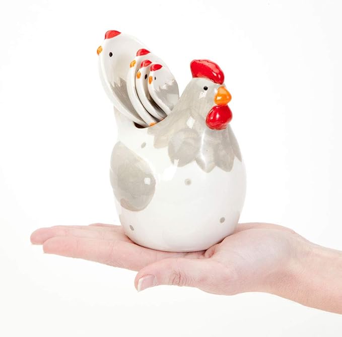 Bits and Pieces 4-Piece Ceramic Chicken Measuring Spoons Set with Holder - Farm Animal Country Theme - Includes 1/4, 1/2, 1 Teaspoon, 1 Tablespoon, Kitchen Chicken Decor