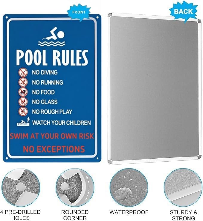 Metal Pool Safety Sign – Warning: Swim at Your Own Risk, No Diving, No Running – Weatherproof Outdoor Sign for Home Pools, Resorts, Beaches, and Water Parks – 8x12 Inches