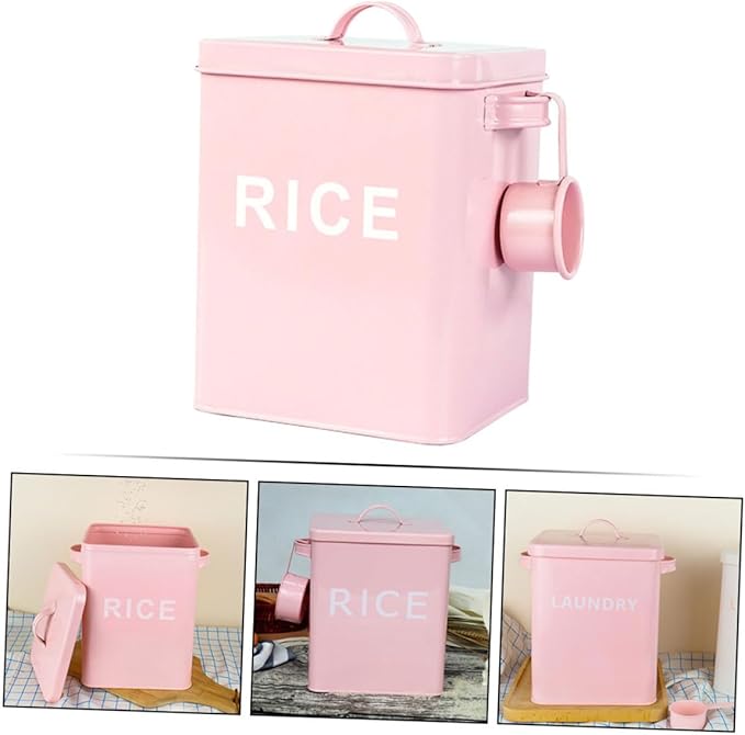 Sealed Pet Food Storage Bucket with Measuring Cup Large Capacity Airtight Metal Grain Bin for Dog and Cat Food Kitchen Rice Container Pink