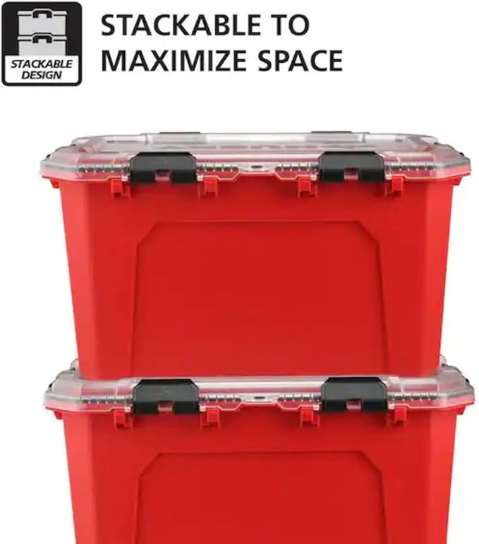 Professional Heavy Duty Waterproof Stackable Plastic Storage Container with Hinged Lid, Red, Rectangular, (20 Gal)