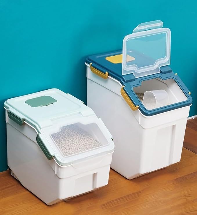 Large Flour Storage Container 25lbs, (4 Pack) BPA Free Rice Dispenser Bin with Locking Lid & Wheels, Measuring Cup, Scoop Kitchen Pantry Organizer for Flour, Rice, Grain, Cereal, Dog Food (Green)