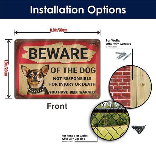 Vintage Metal Tin Sign - Beware of Dog Chihuahua with Spiked Collar Humorous Warning Sign, Rustic 8x12 Inch Outdoor Yard Decor for Fence, Farm, Garden, Kitchen - Funny Pet Owner Gift for Men & Women