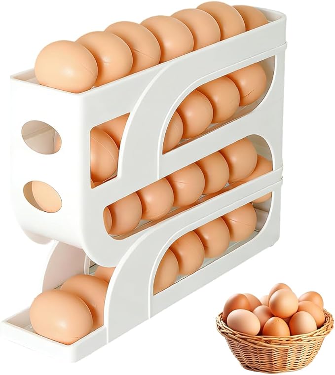 Auto Rolling Egg Holder for Fridge, 4-Tier Egg Dispenser Organizer Holds 28 Eggs, No Assembly Space-Saving Egg Storage Rack for Refrigerator & Countertop (White)
