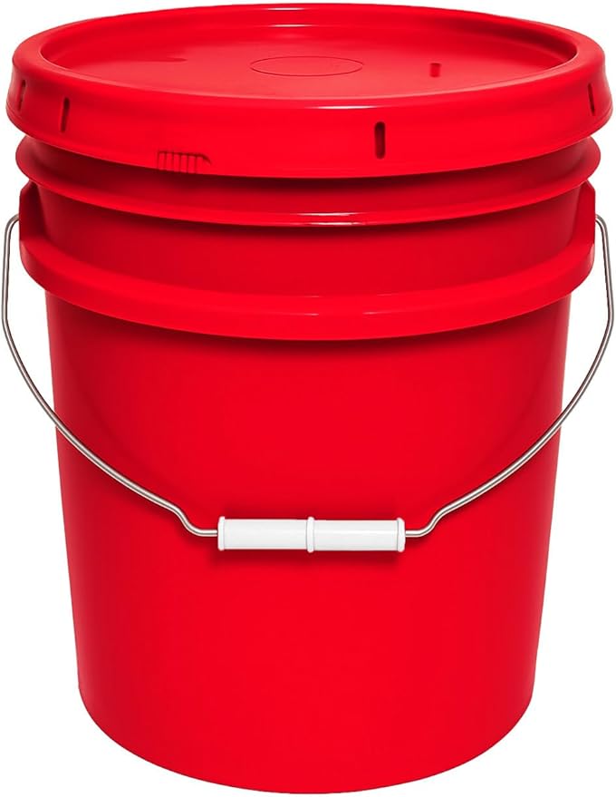 5-Gallon Bucket with Airtight Lid – Made in USA, Food Grade BPA Free Plastic, Heavy Duty Multi-Use, Metal Handle with Grip, Stackable Storage – Red, 1 Pack