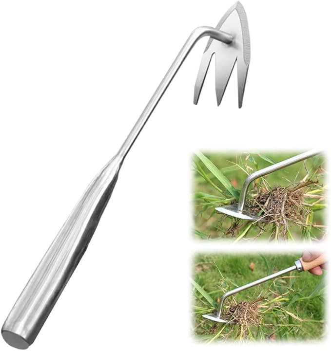 Manual Weed Puller Tool, 2025 New Weeding Artifact Uprooting Weeding Tool, 3 Tooth Manganese Steel Weed Remover Tool for Gardening Backyard Farm (Stainless Steel)
