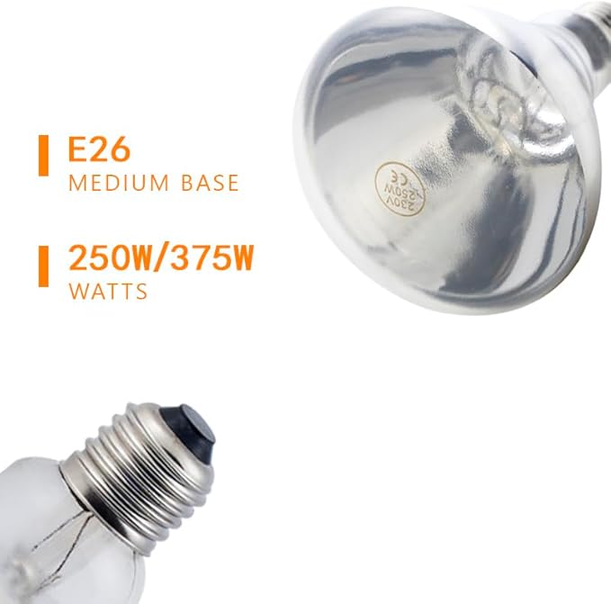 2 Pack 250W Heat Lamp Clear Infrared Bulbs Glass Lamp Bulb for Food Service, Brooder Bulb, Chicks, Pet, Bathroom, Light Therapy Use E26 Base, Flood Light Heat Lamp