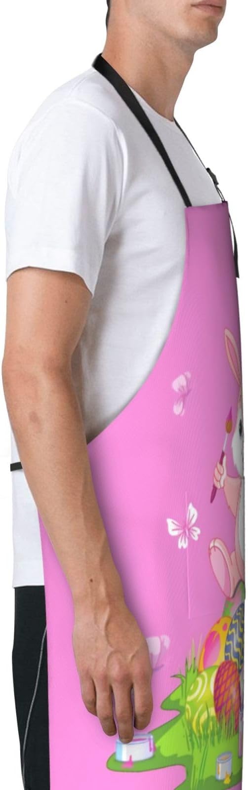 ASYG Cute Easter Rabbit & Eggs Apron Adjustable with 2 Pockets Bunny Easter Gift Kitchen Baking Gardening Work Apron