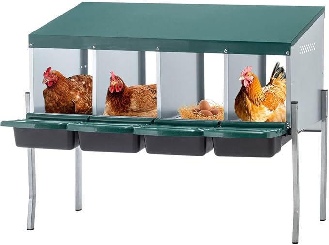 4-Compartment Chicken Nesting Box with Roll-Away Egg Tray – Galvanized Steel Wall-Mount or Freestanding Hen Laying Box with Legs, Easy-Clean Tray – Durable Nest Box for Chickens, Ducks, Hens