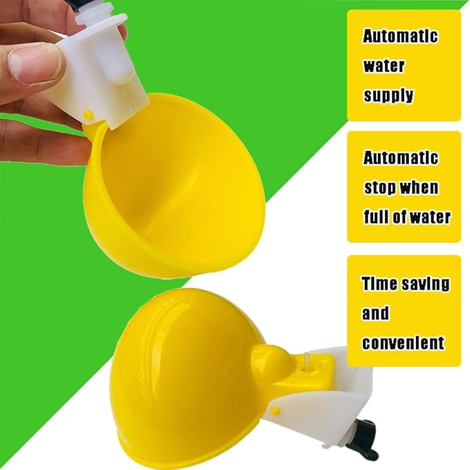 Poultry Waterer Cups 10 Packs Chicken Water Cups for PVC with Tee Automatic Chicken Waterer Kit for Poultry Chicks Duck Goose Turkey Bird and Bunny with Mounting Hole Opener (Yellow)