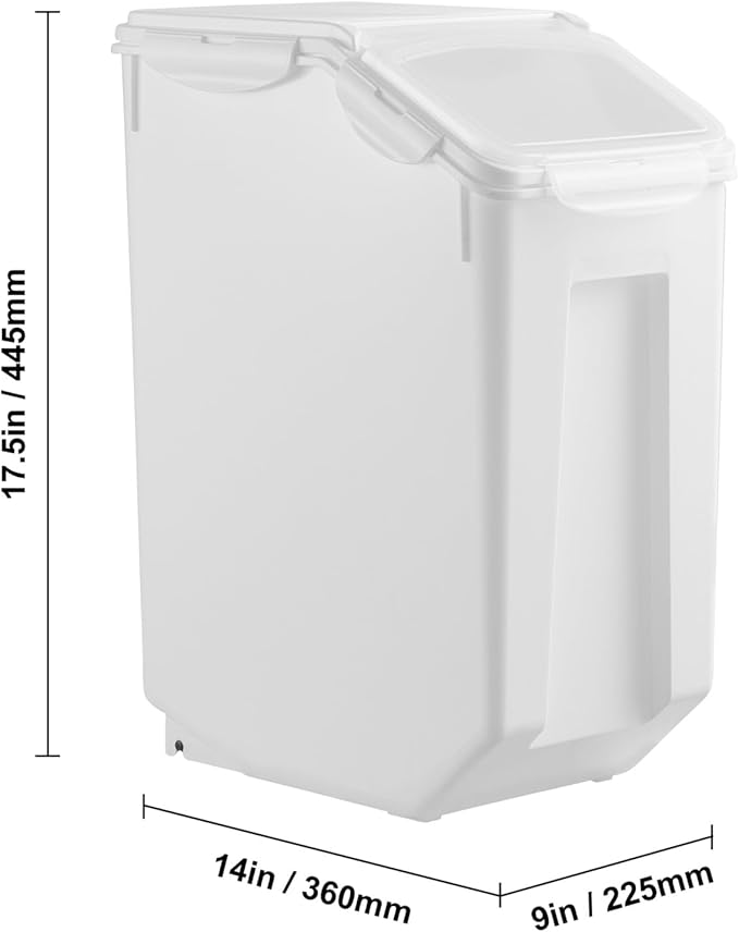Happybuy Rice Storage Container, 4.5Gallon/20L Capacity Large Dog Food Dispenser Bin. Kitchen Ingredient Grain Cereal Flour Bin. Pet Food Container with Wheels, Measuring Cup, Airtight Lid. 1 Pack.