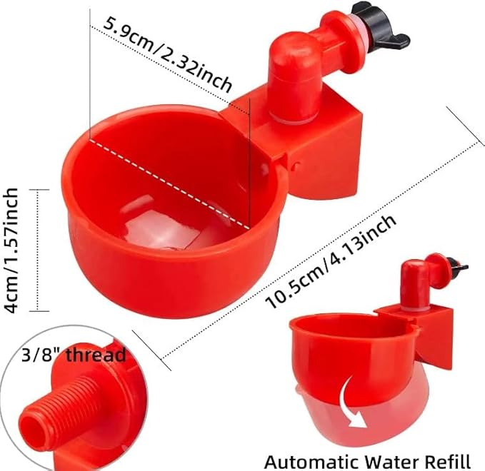 Red Chicken Waterer Gravity Water Cup Automatic Poultry Drinker | Conveniently use with Any Plastic Water Container or Bucket | No Float Design | 12 Cups