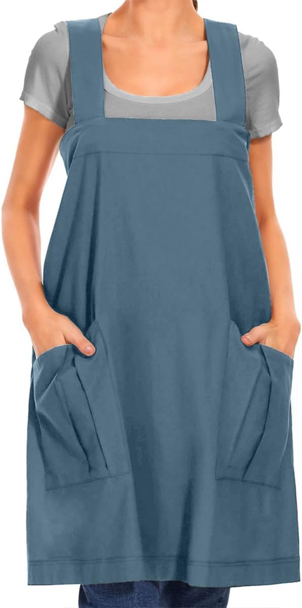 Larmliss Women's Cotton Cross Back Apron Pinafore Dress with Big Pockets Loose Square Apron for Baking Cooking Gardening