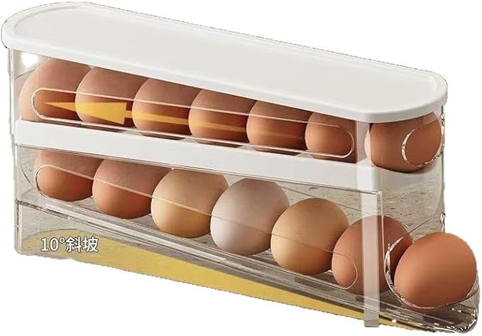 Auto-Rolling Egg Dispenser with Lid - Transparent Fridge Egg Organizer, Space-Saving Refrigerator Storage Box with Slide Design for Side Door, Stackable & Easy Access (1 Pack)