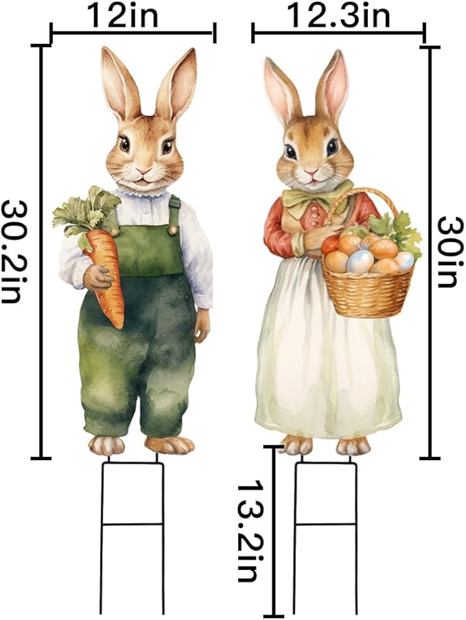 Easter Decorations Outdoor Yard Signs: 2pcs Large Metal Vintage Bunny with Carrot Eggs, Farmhouse Rustic Yard Decoration with Stakes, Lawn Garden Decor for Kids Family Home Outside Spring Easter Party