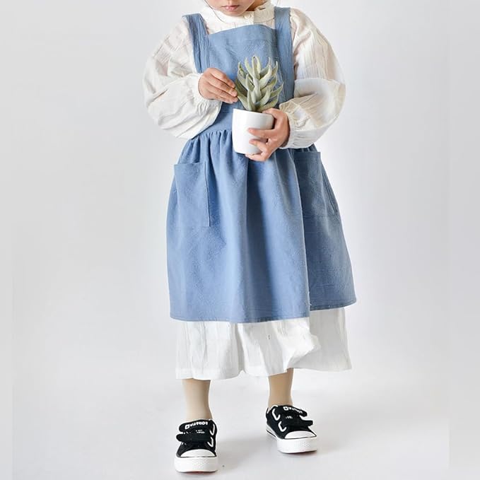 IWEMEK Kids Aprons for Girls Cooking Child Cotton Linen Apron Dress with Pockets Art Baking Gardening Painting Apron Pinafore
