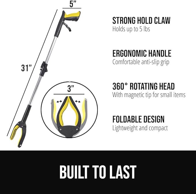 GORILLA GRIP Strong Rubber Lined Claw Grabber, 2 Pack Ergonomic Anti-Slip Reacher Tool for Seniors, 360 Magnetic Rotating Head Reaching Pickup Stick, Foldable Trash Picker, Handicap Gripper, Yellow