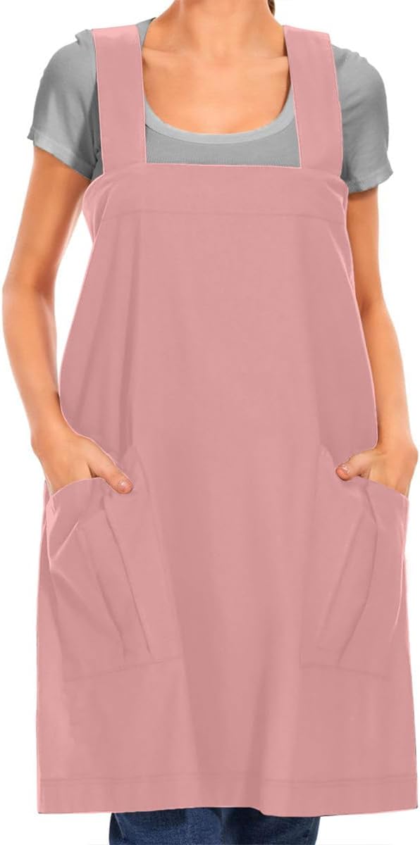 Larmliss Women's Cotton Cross Back Apron Pinafore Dress with Big Pockets Loose Square Apron for Baking Cooking Gardening