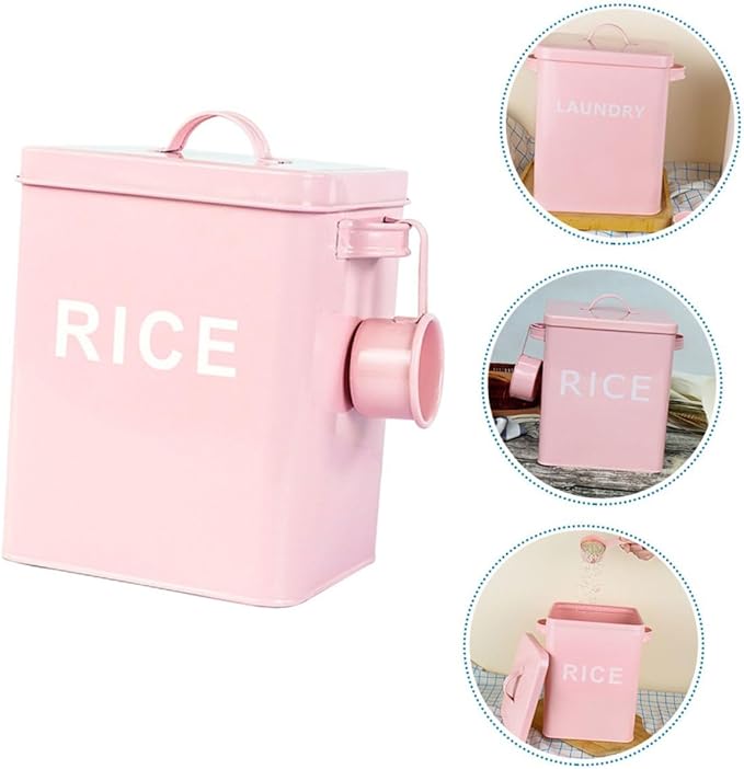 Mobestech Pet Food Storage Bucket with Airtight Seal and Measuring Cup, Metal Grain Storage Bin for Dog and Cat Food, Moisture-proof Rice Container Suitable for Household Use, Pink