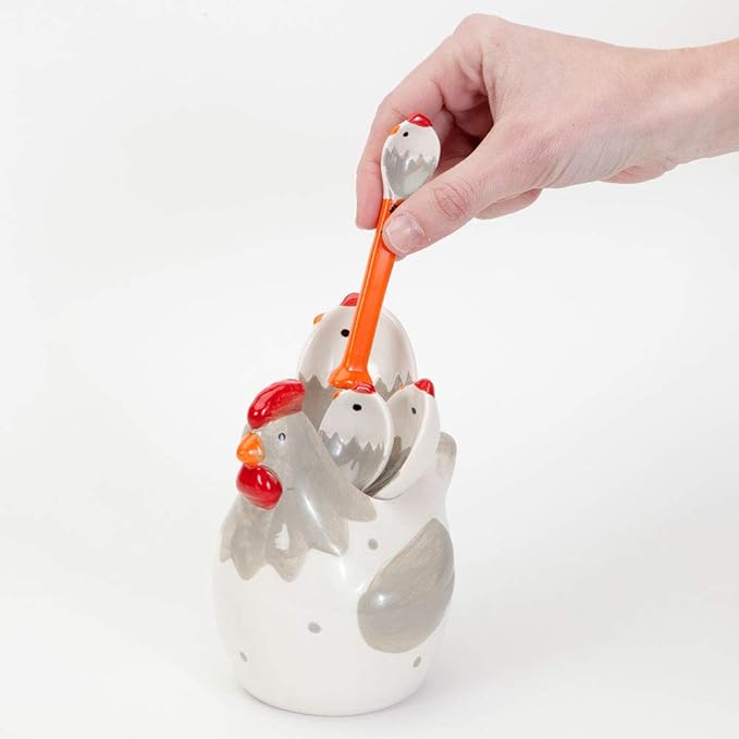 Bits and Pieces 4-Piece Ceramic Chicken Measuring Spoons Set with Holder - Farm Animal Country Theme - Includes 1/4, 1/2, 1 Teaspoon, 1 Tablespoon, Kitchen Chicken Decor