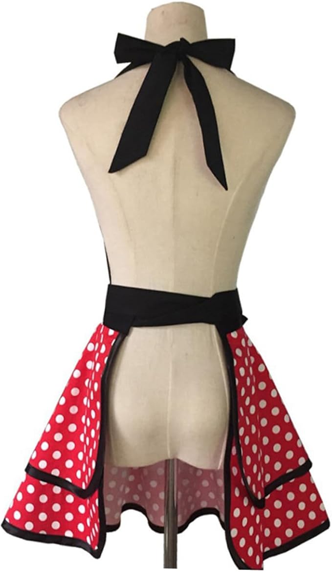 Cotton Dot Pattern Double-layer Apron for Women Lace-up Neck Strap Kitchen Cooking and Cleaning Work Apron for Home Hotel Use Soft
